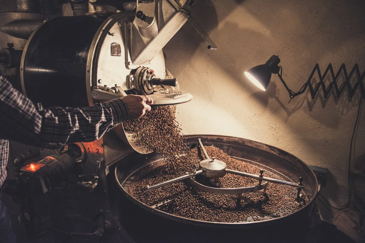 Barista loading green coffee beans into the drum roaster at Cape Roast Co. Woodstock