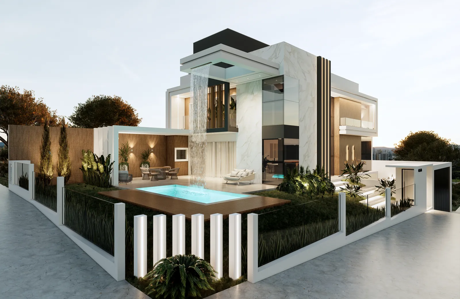 Modern luxury villa with infinity pool at dusk