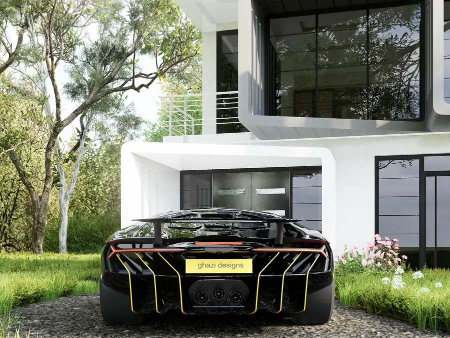 Modern mansion with manicured lawn and sculptural facade